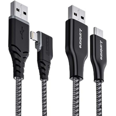 Ambrane Pack Of 2 Usb To Lightning Cable & Usb To Type C Cable For Iphone,Smartphones,Laptops,Ipad,Macbook,Imac,Airpods & Other Devices,480Mbps Data Sync,Quick Charge 3.0 (Rct-15 & Abll-125)-Black