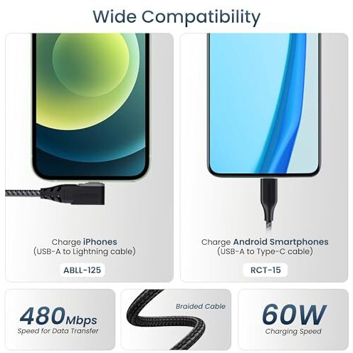 Ambrane Pack Of 2 Usb To Lightning Cable & Usb To Type C Cable For Iphone,Smartphones,Laptops,Ipad,Macbook,Imac,Airpods & Other Devices,480Mbps Data Sync,Quick Charge 3.0 (Rct-15 & Abll-125)-Black