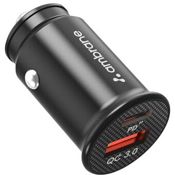 Ambrane 22W Fast Car Charger | Dual Port Pd + Qc | Type C & Usb Car Adapter For Iphone, Samsung, Android, Tablets, Laptop | Compact Car Charger For Mobile, Iphone, Android, (Acc-21 Black)
