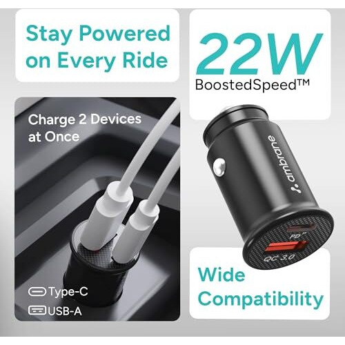 Ambrane 22W Fast Car Charger | Dual Port Pd + Qc | Type C & Usb Car Adapter For Iphone, Samsung, Android, Tablets, Laptop | Compact Car Charger For Mobile, Iphone, Android, (Acc-21 Black)