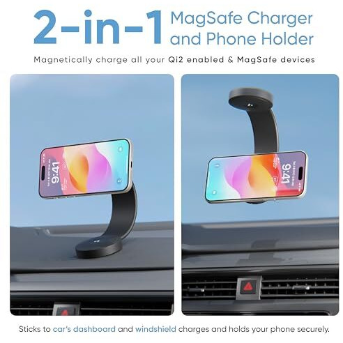 Ambrane 15W Qi-2 Car Dashboard Magnetic Wireless Car Charger For Iphone 16/16 Plus/16 Pro/16 Pro Max, 15/15 Pro/15 Pro Max, Iphone 14/14 Pro/14 Pro Max,Samsung & Device + Magnetic Ring (Aerosynq Dash)