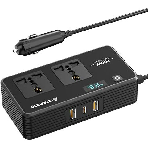 Ambrane 200W Car Power Inverter/Laptop Charger, Charge 5 Devices, 1 Type C 33W Pd, 2 Usb 22.5W Qc, 2 Ac Universal Outlets, Safe Charging Technology, For All 12V Dc Socket Cars (Smartstrip Auto, Black)