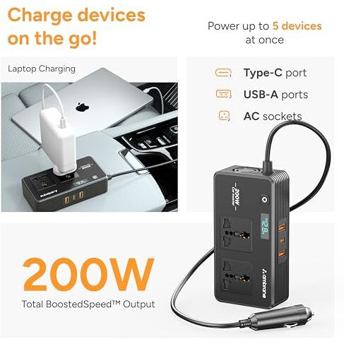 Ambrane 200W Car Power Inverter/Laptop Charger, Charge 5 Devices, 1 Type C 33W Pd, 2 Usb 22.5W Qc, 2 Ac Universal Outlets, Safe Charging Technology, For All 12V Dc Socket Cars (Smartstrip Auto, Black)