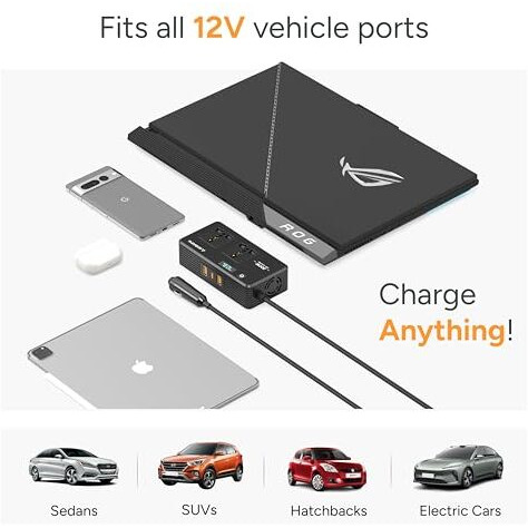 Ambrane 200W Car Power Inverter/Laptop Charger, Charge 5 Devices, 1 Type C 33W Pd, 2 Usb 22.5W Qc, 2 Ac Universal Outlets, Safe Charging Technology, For All 12V Dc Socket Cars (Smartstrip Auto, Black)