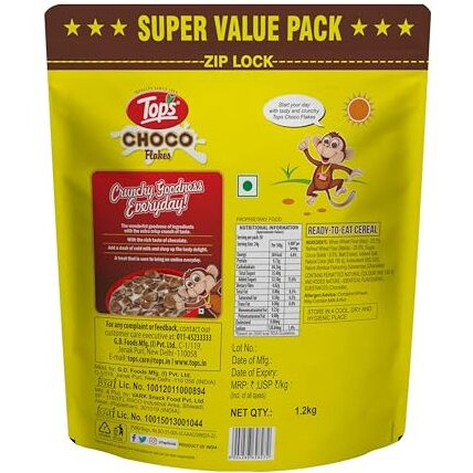 Tops Choco Flakes - 1.2Kg Pouch| Delicious Chocolate Chocos | Helathy Proteins & Dietary Fibres|No Added Preservatives.