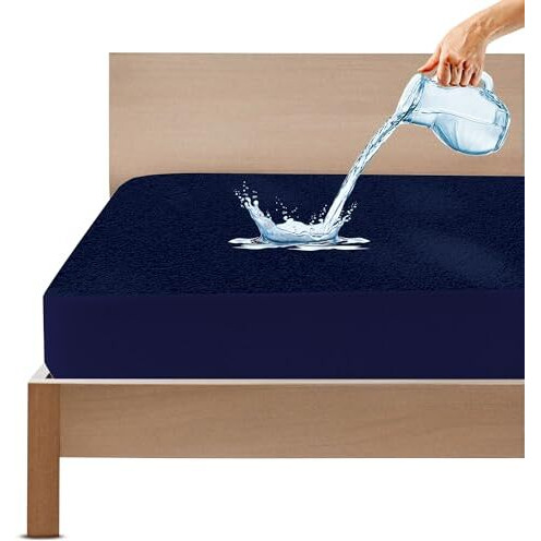 Gadda Co 100% Waterproof Premium Cotton Feel Mattress Protector Queen Bed 75X60 Inch|Ultra Soft Breathable & Hypoallergenic Fitted Bed Protector Terry Cover(6.3X5 Feet, Fits Upto 10 Inches, Dark Blue)