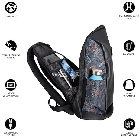 Arctic Fox Slope Anti-Theft Backpack (Camo Black) | 23 Ltr Capacity|Water Resistant | Multipurpose Backpack |Rain Cover| Trolley Sleeve 15.6 Inches Unisex Laptop Bag With Usb Charging Port