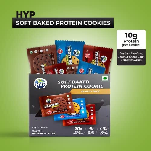 Hyp Protein Cookies Double Chocolate, Coconut Choco Chip, Oatmeal Raisin Pack Of 6 - (42 G X 6)