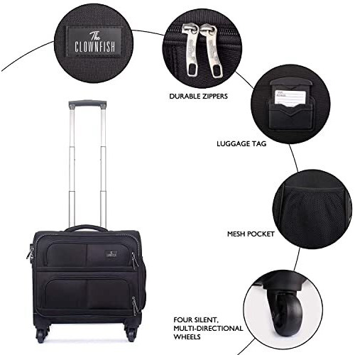 The Clownfish Wanderer Luggage Polyester Softsided Check-In Suitcase 4 Wheel Trolley Bag Laptop Roller Case (44 Cms, Charcoal Black)