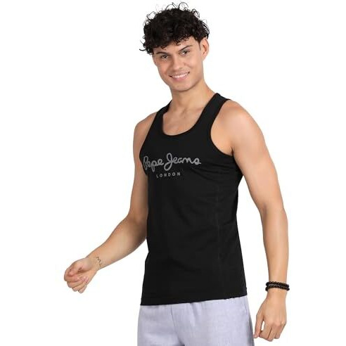 Pepe Jeans Men's Cotton Innerwear Solid Regular Fit Fashion Vest (Atv03_Black, Medium