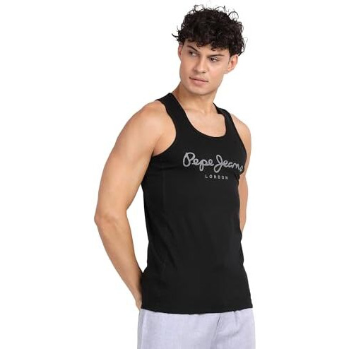 Pepe Jeans Men's Cotton Innerwear Solid Regular Fit Fashion Vest (Atv03_Black, Medium