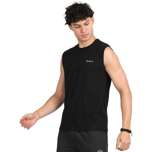 Pepe Jeans Innerwear Cotton Men's Solid Regular Fit Vest (Atv02_Black, Large