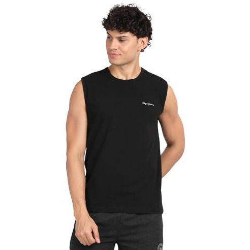 Pepe Jeans Innerwear Men's Solid Regular Fit Vest (Atv02_Black