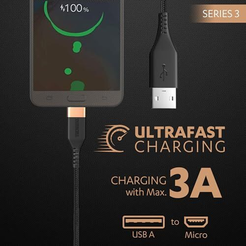 Duracell Micro Usb 3A Braided Sync & Fast Charging Cable, 3.9 Feet (1.2M). Supports Qc 2.0/3.0 Charging, High Speed Data Transmission - Black