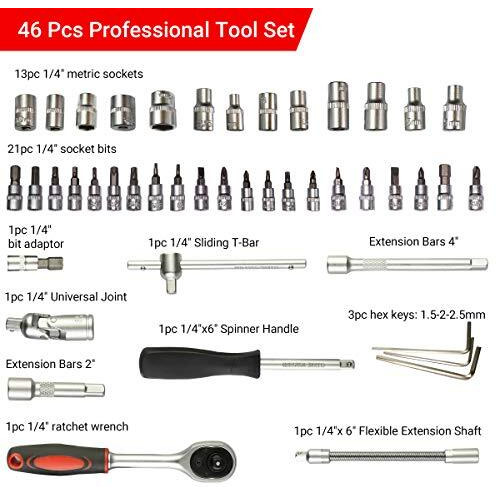 Agaro 46Pcs Professional 1/4'' Square Drive Metric Socket Set, Black, Hex