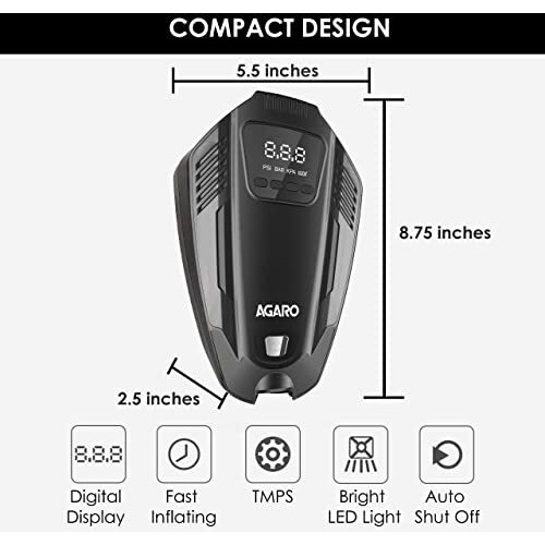 Agaro Primo High Power Digital Tyre Inflator For Car & Bike, Air Inflator Car Accessories, 120 Watt Air Pump With 12V Car Plug, Upto 150 Psi, Emergency Led Light, Compact & Portable Air Compressor