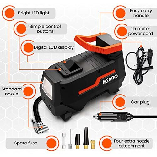 Agaro Ti2157 Digital Portable Tyre Inflator/Pressure Gauge, 12V Dc/230V Ac For Home And Car, Up To 150 Psi, Led Light, Digital Display, For Bike, Bicycles And Other Inflatables (Black).