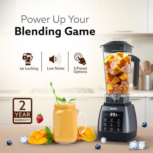Agaro Royal Professional Blender/Grinder/Mixer, 2000W, 5 Preset Function, Commercial Heavy Duty Blender, High Power & Speed Blender, 9 Speed Settings, Pulse & Timer, 2L & 600Ml Small Grinding Jar