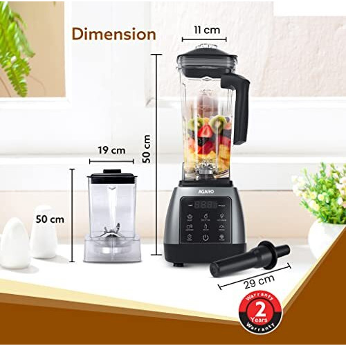 Agaro Royal Professional Blender/Grinder/Mixer, 2000W, 5 Preset Function, Commercial Heavy Duty Blender, High Power & Speed Blender, 9 Speed Settings, Pulse & Timer, 2L & 600Ml Small Grinding Jar