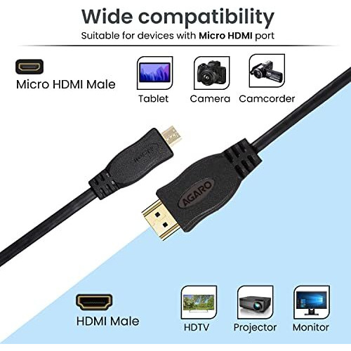Agaro High Speed Micro Hdmi To Hdmi Cable With Ethernet, 2 Meters - Black
