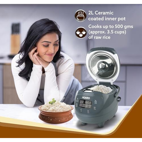 Agaro Imperial Electric Rice Cooker, 2L Ceramic Coated Inner Bowl, 500 Gms (Approx. 3.5 Cups) Raw Rice, Steam Basket, 8 Preset Cooking Function, Advanced Fuzzy Logic, 24Hrs Keep Warm Function, 350W