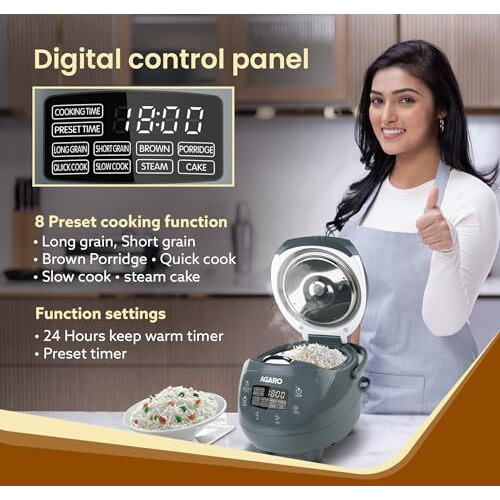 Agaro Imperial Electric Rice Cooker, 2L Ceramic Coated Inner Bowl, 500 Gms (Approx. 3.5 Cups) Raw Rice, Steam Basket, 8 Preset Cooking Function, Advanced Fuzzy Logic, 24Hrs Keep Warm Function, 350W