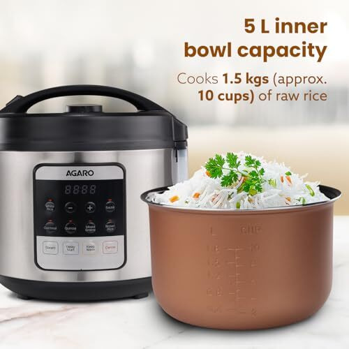 Agaro Royal Electric Rice Cooker, 5 Litre Ceramic Coated Inner Bowl, Steam Basket, 6 Preset Cooking Function With Advanced Fuzzy Logic, Keep Warm Function, 1.5Kgs (Approx. 10 Cups) Raw Rice, Silver