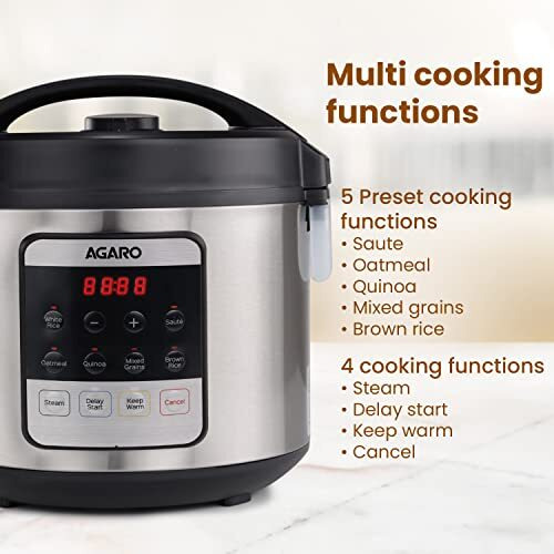 Agaro Royal Electric Rice Cooker, 5 Litre Ceramic Coated Inner Bowl, Steam Basket, 6 Preset Cooking Function With Advanced Fuzzy Logic, Keep Warm Function, 1.5Kgs (Approx. 10 Cups) Raw Rice, Silver
