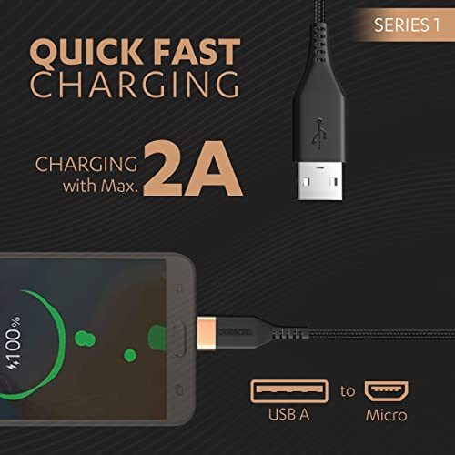 Duracell Usb A To Micro Cables, 2A Braided Sync & Quick Charging Usb Cable, 3.9 Feet (1.2M), Supports Qc 2.0/3.0 Charging, Rapid Data Transmission, Series 1, Black