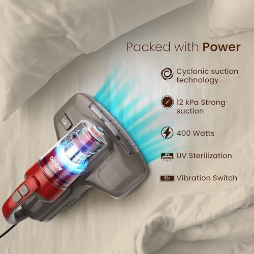 Agaro Grand Bed Vacuum Cleaner, Cyclonic Technology For Dust Collection, Uv Light Sterilization, 12Kpa Suction Power, Suitable For Bed, Sofa, Pillow And Other Fabric Surfaces, Dark Grey & Black