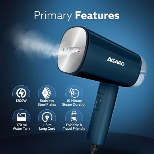 Agaro Elegant Handheld Garment Steamer, Horizontal & Vertical Use, Foldable, Fast Heat, 1200W, 170 Ml Water Tank, Blue.