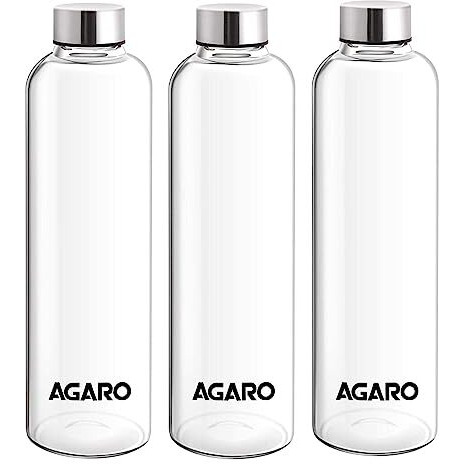 Agaro Elite Borosilicate Glass Water Bottles, Pack Of 3, 1000Ml Capacity Each, Microwave & Freezer Safe, Leak Proof & Airtight Lid, Scratch Resistant, Transparent.