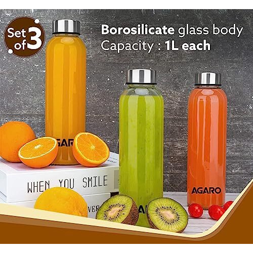 Agaro Elite Borosilicate Glass Water Bottles, Pack Of 3, 1000Ml Capacity Each, Microwave & Freezer Safe, Leak Proof & Airtight Lid, Scratch Resistant, Transparent.