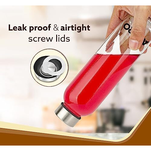 Agaro Elite Borosilicate Glass Water Bottles, Pack Of 3, 1000Ml Capacity Each, Microwave & Freezer Safe, Leak Proof & Airtight Lid, Scratch Resistant, Transparent.
