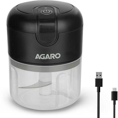 Agaro Elite Rechargeable Mini Electric Chopper, Food Grade Bowl, Stainless Steel Blades, One Touch Operation, For Mincing Garlic, Ginger, Onion, Vegetable, Meat, Nuts, 250 Ml, Black.