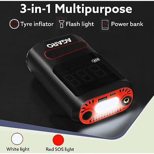 Agaro Galaxy Cordless Tyre Inflator, For Cars & Bikes, Upto 150 Psi, 2X2000 Mah Battery, Powerbank, Led Flash Light, Rechargeable Type C Port, Digital Display, Multiple Nozzles