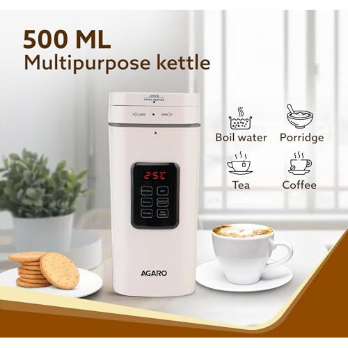 Agaro Delite Portable Electric Kettle, 500 Ml, Fast Boiling, Adjustable Temperature, Keep Warm, Dechlorination, Porridge, Double Layered Body, Travel Electric Kettle, Hot Water, White