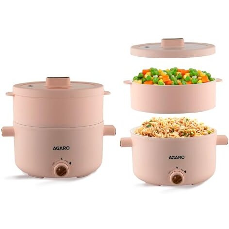 Agaro Primo Multi Function Pot 2L, Double Layered Body, Ceramic Coated Inner Pot, Variable Temperature Settings, Wide Mouth, Transparent Lid, Cooking, Boiling, Steaming, Egg, Vegetable