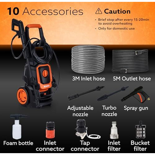Agaro Alpha High Pressure Washer, Car Washer, Upright Design With Wheel, 1600W, 130 Bars, 7L/Min Flow Rate, 5 Meters Outlet Hose, Car, Bike And Home Cleaning Purpose, Red & Black