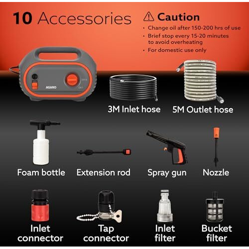 Agaro Primo High Pressure Washer, 1400 Watts, 110 Bars, 6.5L/Min Flow Rate, 5 Meters Outlet Hose, For Car,Bike And Home Cleaning Purpose, Grey