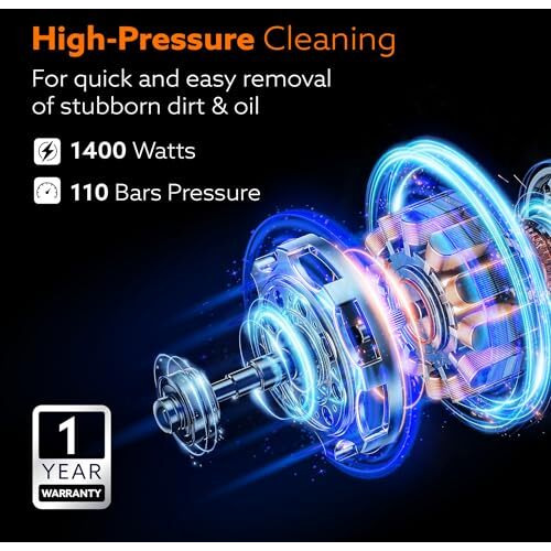 Agaro Primo High Pressure Washer, 1400 Watts, 110 Bars, 6.5L/Min Flow Rate, 5 Meters Outlet Hose, For Car,Bike And Home Cleaning Purpose, Grey