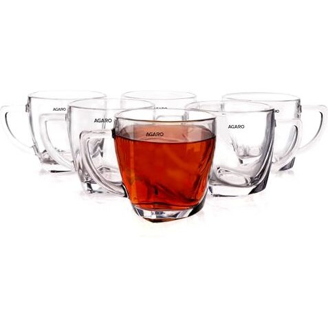 Agaro Elegant Glass Cup, 200Ml, Set Of 6, Crystal Clear Espresso Coffee Cup, Toughened Glass Wall With Handle, For Hot Cofee, Cappuccino, Milk, Latte, Green Tea & Black Tea