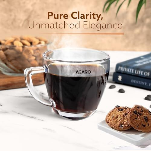 Agaro Elegant Glass Cup, 200Ml, Set Of 6, Crystal Clear Espresso Coffee Cup, Toughened Glass Wall With Handle, For Hot Cofee, Cappuccino, Milk, Latte, Green Tea & Black Tea