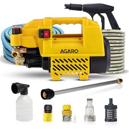 Agaro Supreme Plus Pressure Washer, 2200 Watts, 140 Bars, 7.5L/Min Flow Rate, 8 Meters Outlet Hose, For Car, Bike And Home Cleaning Purpose, 9 Accessories, Yellow