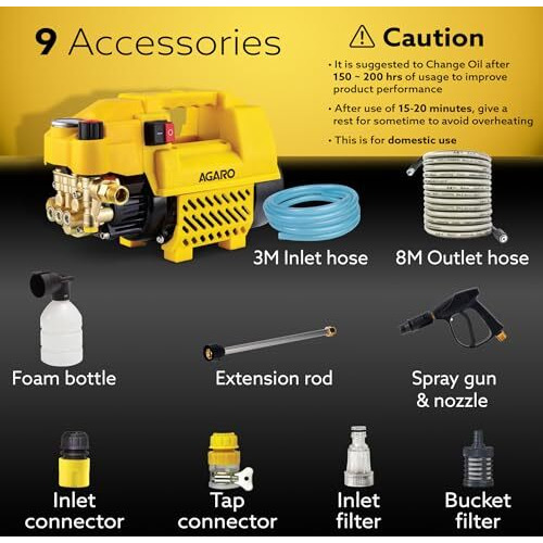 Agaro Supreme Plus Pressure Washer, 2200 Watts, 140 Bars, 7.5L/Min Flow Rate, 8 Meters Outlet Hose, For Car, Bike And Home Cleaning Purpose, 9 Accessories, Yellow