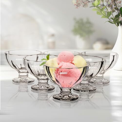 Agaro Glass Elegant Ice Cream Bowl 140Ml Set Of 6, Ice Cream Bowl, Dessert Cup For Sundae, Sweets, Snacks, Fruit, Pudding, Nuts Or Dip, Serving Bowls, Tableware Set, Transparent