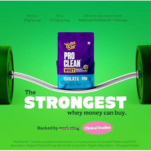 Yogabar Proclean Whey Protein Isolate 750G | 30G Protein Per Serve | Unflavoured Whey Protein Powder | Clean & Light | Patented & Clinically Tested Pro-Absorb Blend