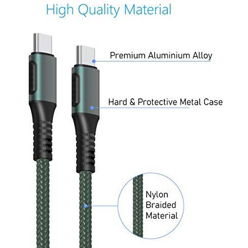 Portronics Konnect C Square 18W Por-1065 Type-C To Type-C 1.2M Type C Devices Usb Cable With Power Delivery & 3A Quick Charge Support, Nylon Braided For All Type-C Devices, Green