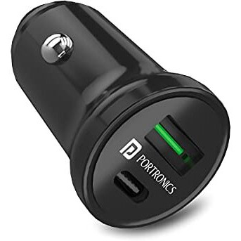 Portronics 38W Dual Output Fast Car Charger With 20W Type-C Pd & 18W Usb, Compact Size, Charging Adapter Compatible With Cars For Iphone & Android Smartphone, Smartwatch, Earbud, Power Bank (Black)
