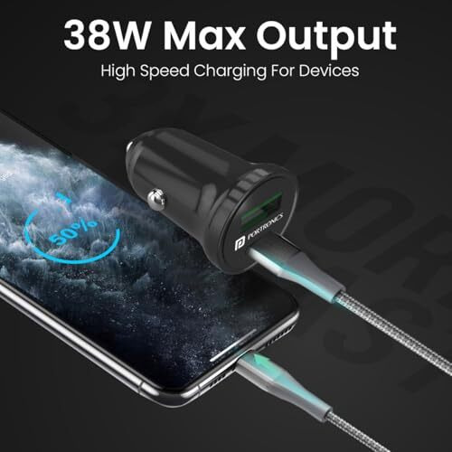 Portronics 38W Dual Output Fast Car Charger With 20W Type-C Pd & 18W Usb, Compact Size, Charging Adapter Compatible With Cars For Iphone & Android Smartphone, Smartwatch, Earbud, Power Bank (Black)